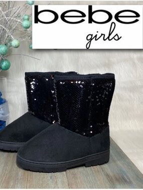 bebe Black Sequin Microsuede Girls Booties